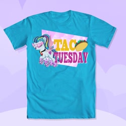 Size: 600x600 | Tagged: safe, artist:pixelkitties, sonata dusk, pony, equestria girls, rainbow rocks, clothes, equestria girls ponified, food, kamina sunglasses, merchandise, ponified, shirt, solo, taco, taco tuesday