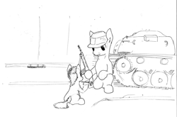 Size: 1023x674 | Tagged: safe, artist:php64, carnation, carnation revolution, gun, monochrome, ponified, portugal, rifle, tank (vehicle), traditional art, weapon