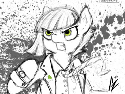 Size: 1024x768 | Tagged: safe, artist:aer0 zer0, limestone pie, clothes, jacket, lineart, necktie, panel, panel art, pose, solo, splatter, teaser