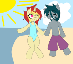 Size: 4784x4176 | Tagged: safe, artist:lights-bane, oc, oc only, pony, semi-anthro, unicorn, absurd resolution, beach, bipedal, eyes closed, wink