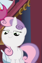 Size: 400x600 | Tagged: safe, screencap, scootaloo, sweetie belle, just for sidekicks, lidded eyes, solo