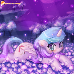 Size: 750x750 | Tagged: safe, artist:lumineko, oc, oc only, oc:artshine, alicorn, pony, alicorn oc, blushing, flower, looking at you, patreon, patreon logo, prone, solo