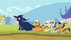 Size: 1366x768 | Tagged: safe, screencap, ambrosia, cindy block, jack hammer, mare do well, rivet, earth pony, pony, the mysterious mare do well, construction pony, female, hard hat, male, mare, safety vest, stallion