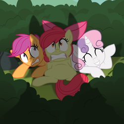 Size: 2000x2000 | Tagged: safe, artist:jadedjynx, apple bloom, scootaloo, sweetie belle, cutie mark crusaders, my little sterelis, nervous, scared, shadow, this will end in tears, this will end in tears and/or death, waving