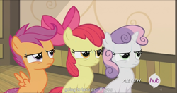 Size: 1919x1017 | Tagged: safe, screencap, apple bloom, scootaloo, sweetie belle, somepony to watch over me, cutie mark crusaders, meme, youtube caption