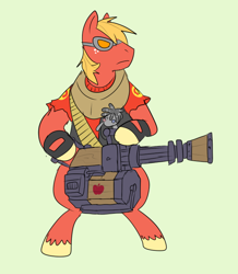 Size: 656x753 | Tagged: safe, artist:metal-kitty, big macintosh, smarty pants, earth pony, pony, bipedal, crossover, goggles, green background, heavy, heavy mac, hoof hold, male, simple background, solo, stallion, team fortress 2