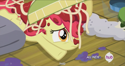 Size: 1439x763 | Tagged: safe, screencap, apple bloom, somepony to watch over me, hub logo, meme, solo, spaghetti, youtube caption