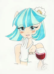 Size: 763x1048 | Tagged: safe, artist:yuki-chan001, coco pommel, human, blushing, clothes, eared humanization, gloves, humanized, solo, traditional art, wine glass