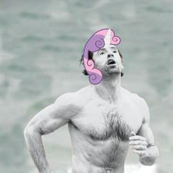 Size: 1000x1000 | Tagged: safe, artist:pixelsofsin, sweetie belle, human, exploitable meme, forced meme, hugh jackman, irl, irl human, meme, my little hugh, photo, recolor