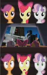 Size: 498x800 | Tagged: safe, apple bloom, scootaloo, sweetie belle, earth pony, pegasus, pony, unicorn, cutie mark crusaders, exploitable meme, female, filly, krab borg, meme, night of the robot, spongebob squarepants