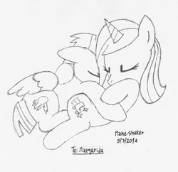 Size: 908x879 | Tagged: safe, artist:mane-shaker, thunderlane, oc, pegasus, pony, unicorn, female, male, mare, monochrome, request, sleeping, stallion, trace, traditional art