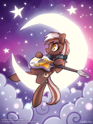 Size: 749x1000 | Tagged: safe, artist:jopiter, oc, oc only, cloud, cloudy, crescent moon, electric guitar, fender stratocaster, guitar, headphones, moon, solo, stars, stratocaster, tangible heavenly object, transparent moon