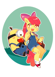 Size: 1800x2545 | Tagged: safe, artist:scorpiyo, apple bloom, semi-anthro, apple, clothes, crossover, despicable me, minions, overalls, pixiv, solo