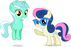 Size: 4474x3008 | Tagged: safe, artist:vector-brony, bon bon, lyra heartstrings, sweetie drops, pinkie pride, adorabon, adorkable, cute, dork, filly, glasses, irrational exuberance, lyrabetes, pronking, simple background, transparent background, twisted bon bon, vector, younger