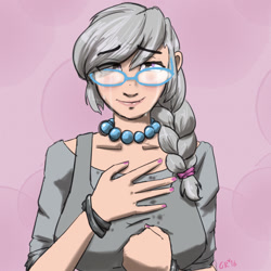 Size: 1500x1500 | Tagged: safe, artist:moronsonofboron, silver spoon, human, breasts, busty silver spoon, crying, female, humanized, older, older silver spoon, smiling, solo