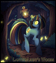 Size: 720x802 | Tagged: safe, artist:ai-bee, oc, oc only, oc:lanternlight, flower, forest, lantern, magic, solo, tree