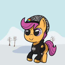 Size: 1250x1250 | Tagged: safe, artist:app1ebloom, scootaloo, pegasus, pony, clothes, female, filly, hoodie, ice, jacket, pin, snow, solo, tree, winter