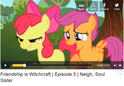 Size: 624x432 | Tagged: safe, apple bloom, scootaloo, friendship is witchcraft, bedroom eyes, dailymotion, neigh soul sister