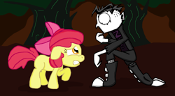 Size: 3324x1836 | Tagged: safe, artist:tagman007, derpibooru exclusive, apple bloom, bow, crossover, female, filly, floppy ears, johnny the homicidal maniac, jthm, scared