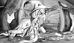 Size: 1250x730 | Tagged: safe, artist:jamescorck, oc, oc only, oc:fantasy rouge, magic, monochrome, scroll, solo