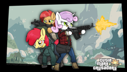 Size: 2000x1125 | Tagged: safe, artist:roflpanzer, apple bloom, babs seed, sweetie belle, pony, action pose, assault rifle, bipedal, brad snider, clothes, crossover, cutie mark crusaders, grand theft auto, gta v, gun, machine gun, michael de santa, michael townley, rifle, shooting, snow, trevor philips, weapon