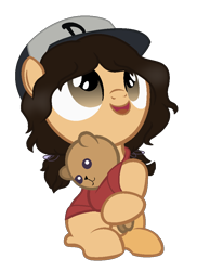 Size: 744x1024 | Tagged: safe, artist:blackholeii, clemenbetes, clementine (walking dead), clothes, cute, filly, ponified, simple background, solo, teddy bear, the walking dead, the walking dead game