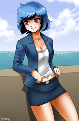 Size: 1500x2311 | Tagged: safe, artist:johnjoseco, oc, oc only, oc:sentoki, human, belly button, belt, belt buckle, cleavage, clothes, coat, female, humanized, humanized oc, jacket, lunar republic, midriff, miniskirt, ocean, skirt, solo, thighs