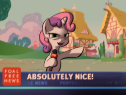 Size: 1593x1206 | Tagged: safe, artist:derkrazykraut, edit, sweetie belle, absolutely disgusting, foal free press, microphone, news, news report, parody, reaction image, solo