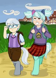 Size: 1000x1400 | Tagged: safe, artist:aa, oc, oc only, oc:hope, oc:sterling, satyr, backpack, blushing, female, glasses, male, offspring, parent:lyra heartstrings, parent:silver spoon, straight