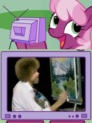 Size: 564x760 | Tagged: safe, artist:moongazeponies, cheerilee, bob ross, exploitable meme, happy little trees, joy of painting, meme, obligatory pony, smiling, tv meme