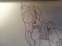 Size: 3264x2448 | Tagged: safe, artist:rainb0wdashie, pony, unicorn, beads, clothes, dress, monochrome, profile, raised hoof, sketch, solo, tiara, traditional art