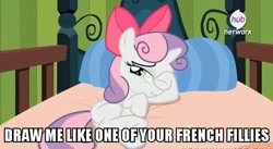 Size: 636x348 | Tagged: safe, edit, edited screencap, screencap, sweetie belle, pony, unicorn, somepony to watch over me, apple bloom's bow, bed, bow, caption, draw me like one of your french girls, female, filly, image macro, meme, scrunchy face, solo