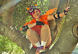 Size: 871x602 | Tagged: safe, artist:bright-new-dawn, scootaloo, human, cosplay, goggles, irl, irl human, photo, solo, tree