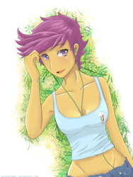 Size: 1800x2400 | Tagged: safe, artist:novaquinmat, scootaloo, human, armpits, belly button, clothes, earbuds, grass, humanized, midriff, older, pony coloring, solo, summer, tanktop