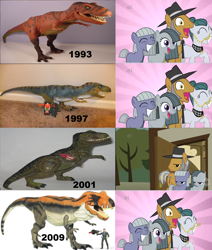 Size: 1556x1834 | Tagged: safe, cloudy quartz, igneous rock pie, limestone pie, marble pie, dinosaur, tyrannosaurus rex, exploitable meme, gradual disgust, irl, jurassic park, meme, photo, pie family, pie sisters, quartzrock, siblings, sisters, toy