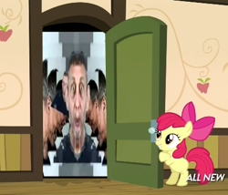 Size: 425x363 | Tagged: safe, edit, edited screencap, screencap, apple bloom, somepony to watch over me, all new, apple closet, cs188, exploitable meme, hallway, meme, michael rosen, not salmon, text, the michael rosen hallway, wat