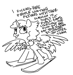 Size: 799x822 | Tagged: safe, artist:nobody, oc, oc only, alicorn, pony, dialogue, grayscale, monochrome, skis, solo, vulgar