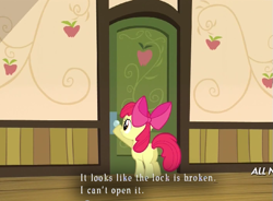 Size: 625x461 | Tagged: safe, apple bloom, somepony to watch over me, apple closet, broken lock, door, exploitable meme, konami, meme, silent hill, solo