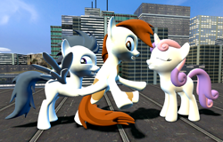 Size: 1600x1024 | Tagged: safe, artist:viranimation, pipsqueak, rumble, sweetie belle, 3d, female, forced by his own will, gmod, male, shipping, straight, sweetiesqueak