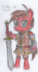 Size: 382x730 | Tagged: safe, artist:swordmaster200, oc, oc only, earth pony, pony, bipedal, cinder heart, clothes, colt, fantasy, male, solo, sword, warrior