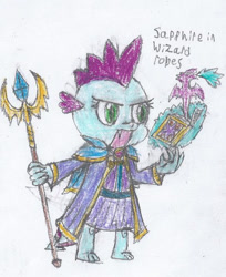 Size: 400x489 | Tagged: safe, artist:swordmaster200, dragon, book, fantasy, mage, sapphire, solo, staff, wizard