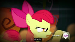 Size: 1277x714 | Tagged: safe, screencap, apple bloom, somepony to watch over me, all new, hub logo, meme, solo, text, vulgar, youtube caption