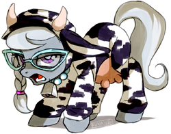 Size: 900x707 | Tagged: safe, artist:kunaike, silver spoon, cow, animal costume, clothes, costume, cowbell, female, filly, kigurumi, silver moo, solo, udder