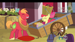 Size: 1440x810 | Tagged: safe, screencap, apple bloom, big macintosh, earth pony, pony, pinkie apple pie, hub logo, male, stallion