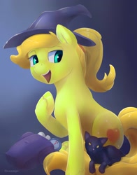 Size: 1200x1527 | Tagged: safe, artist:viwrastupr, oc, oc only, cat, earth pony, pony, black cat, hat, witch, witch hat