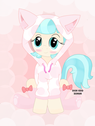 Size: 1523x2018 | Tagged: safe, artist:doneddzorua, coco pommel, cat, cat ears, clothes, cocobetes, cute, heart eyes, hoodie, pink, socks, solo