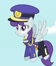 Size: 576x672 | Tagged: safe, screencap, downdraft, pegasus, pony, testing testing 1-2-3, ancient wonderbolts uniform, background pony, clothes, colonel purple dart, cropped, female, flying, hat, mare, solo, uniform