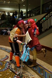 Size: 640x960 | Tagged: safe, apple bloom, scootaloo, sweetie belle, human, convention, cosplay, cutie mark crusaders, helmet, irl, irl human, photo, sacanime, sacanime winter, scooter