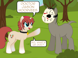 Size: 640x480 | Tagged: safe, artist:aha-mccoy, oc, oc only, oc:corel, pony, unicorn, collar, female, friday the 13th, gradient hooves, jason voorhees, mare, ponified, speech bubble, this will end in death