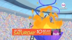 Size: 1105x621 | Tagged: safe, screencap, spike, dragon, equestria games (episode), equestria games, hub logo, official, promo, the hub, torch